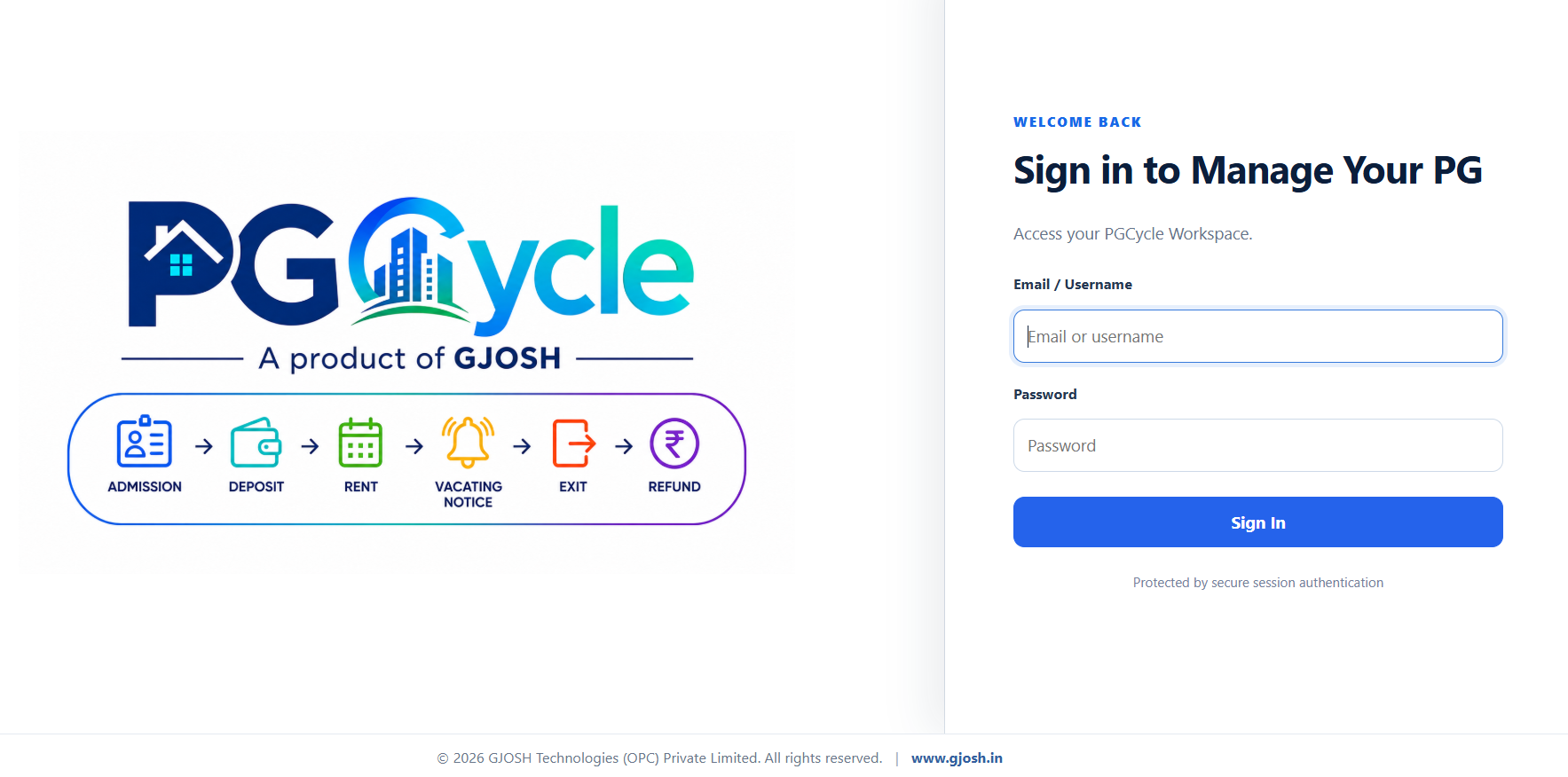 Branded GJOSH Product sign-in screen for secure access to a PG or hostel management portal